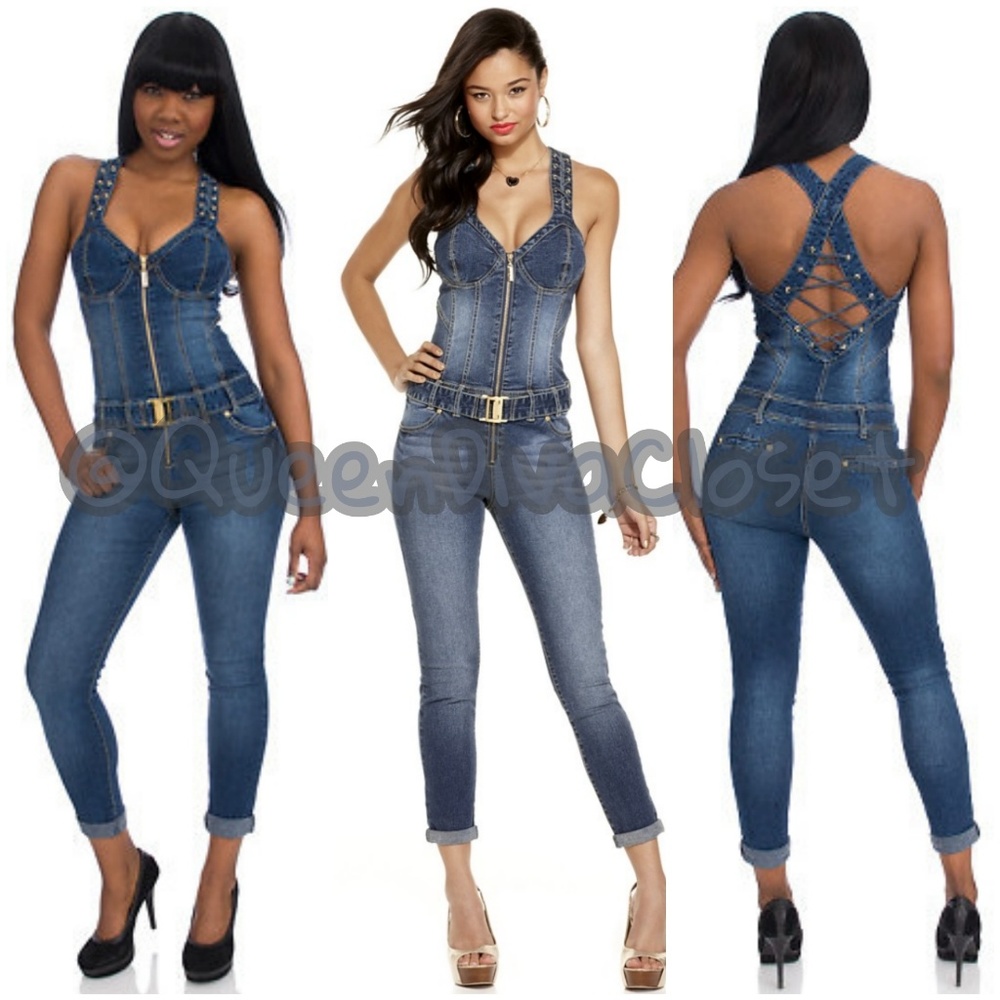 Belted corset bustier lace tie denim jean jumpsuit - Picture 1 of 5